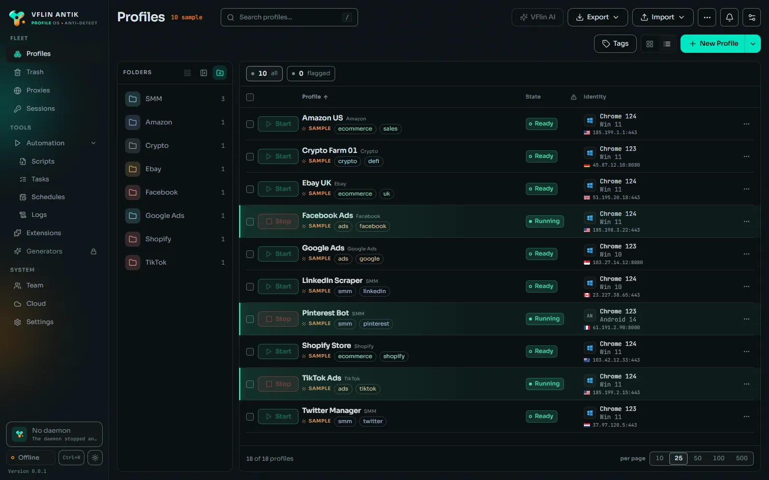 The Vflin desktop app: a roster of profiles with folders, tags, state and identity columns.