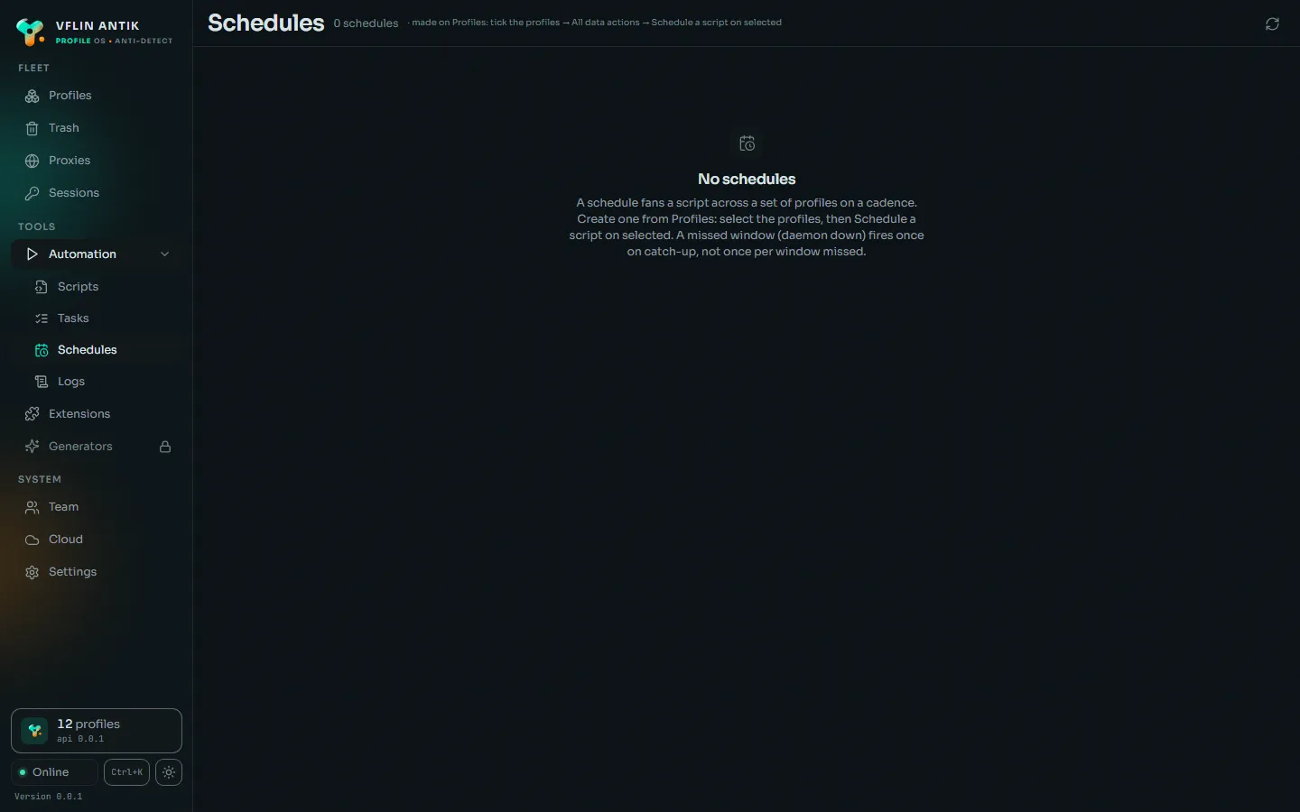The schedules screen of the desktop app: cron and interval schedules over task groups.