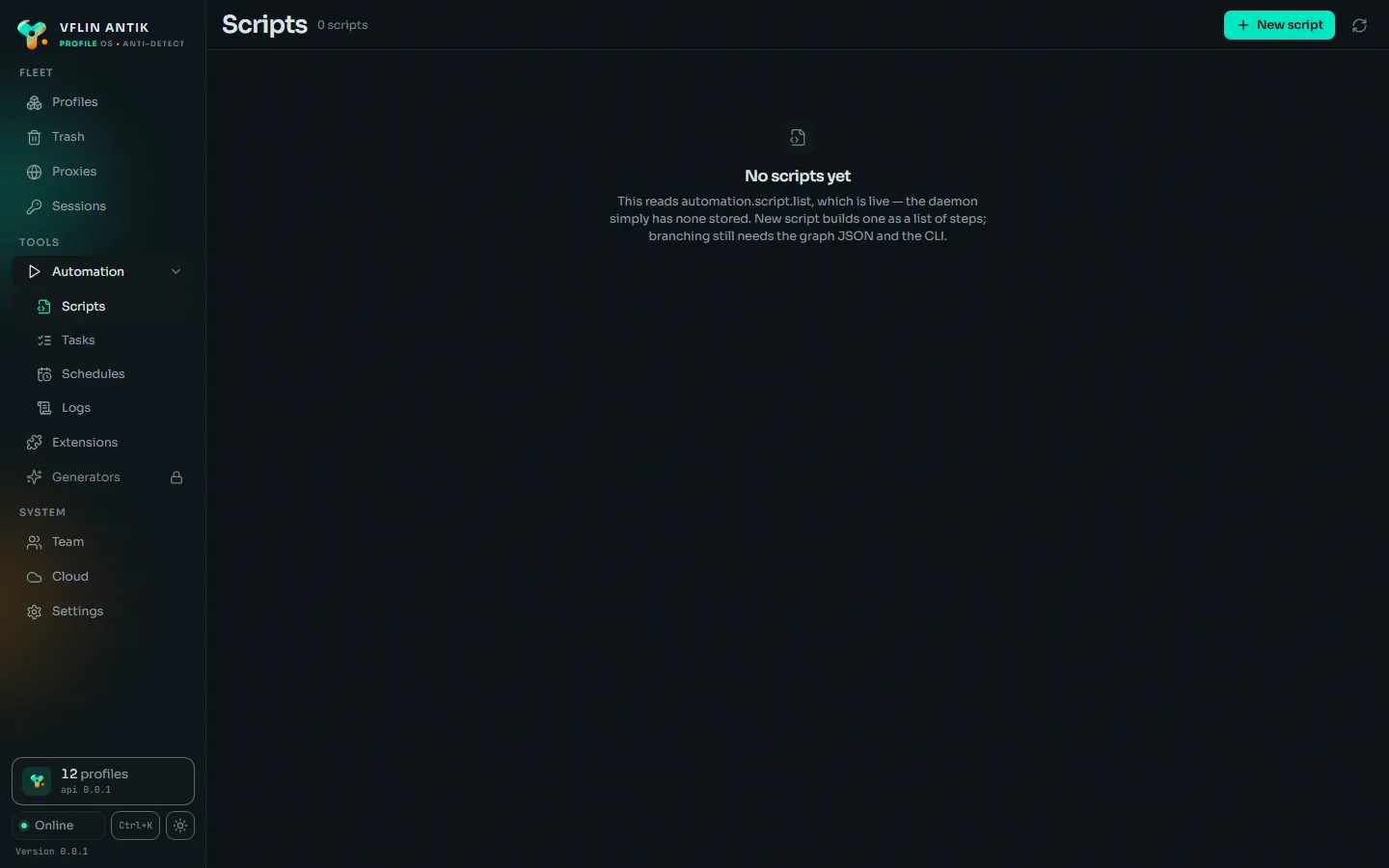 The scripts screen of the desktop app: the automation graphs, their nodes and the last run of each.