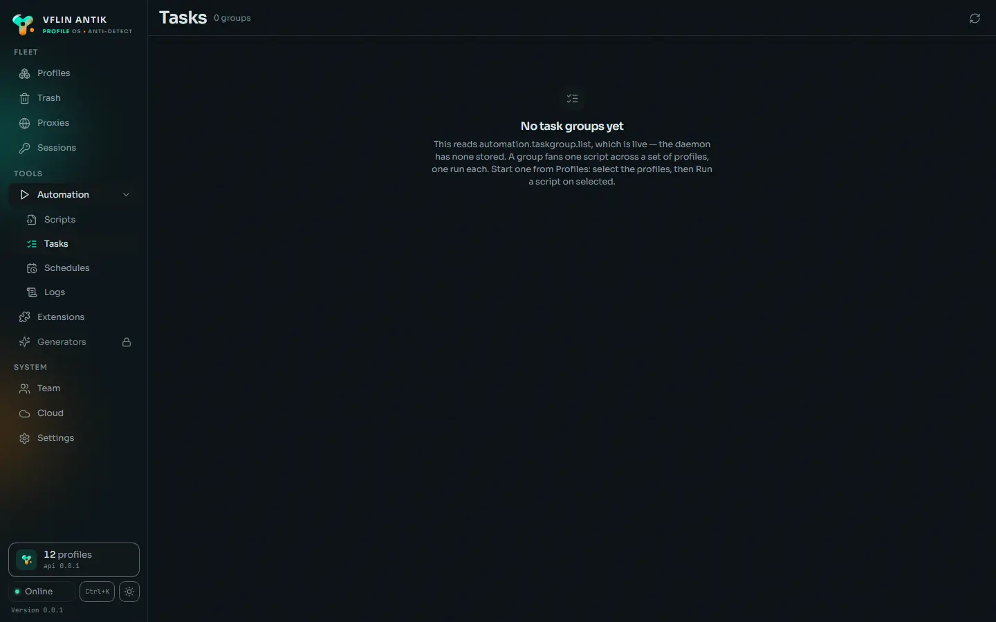 The automation tasks screen of the desktop app: tasks across profiles with their schedule and last run.
