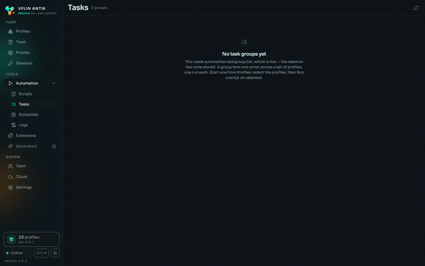 The automation tasks screen of the desktop app: tasks across profiles with their schedule and last run.