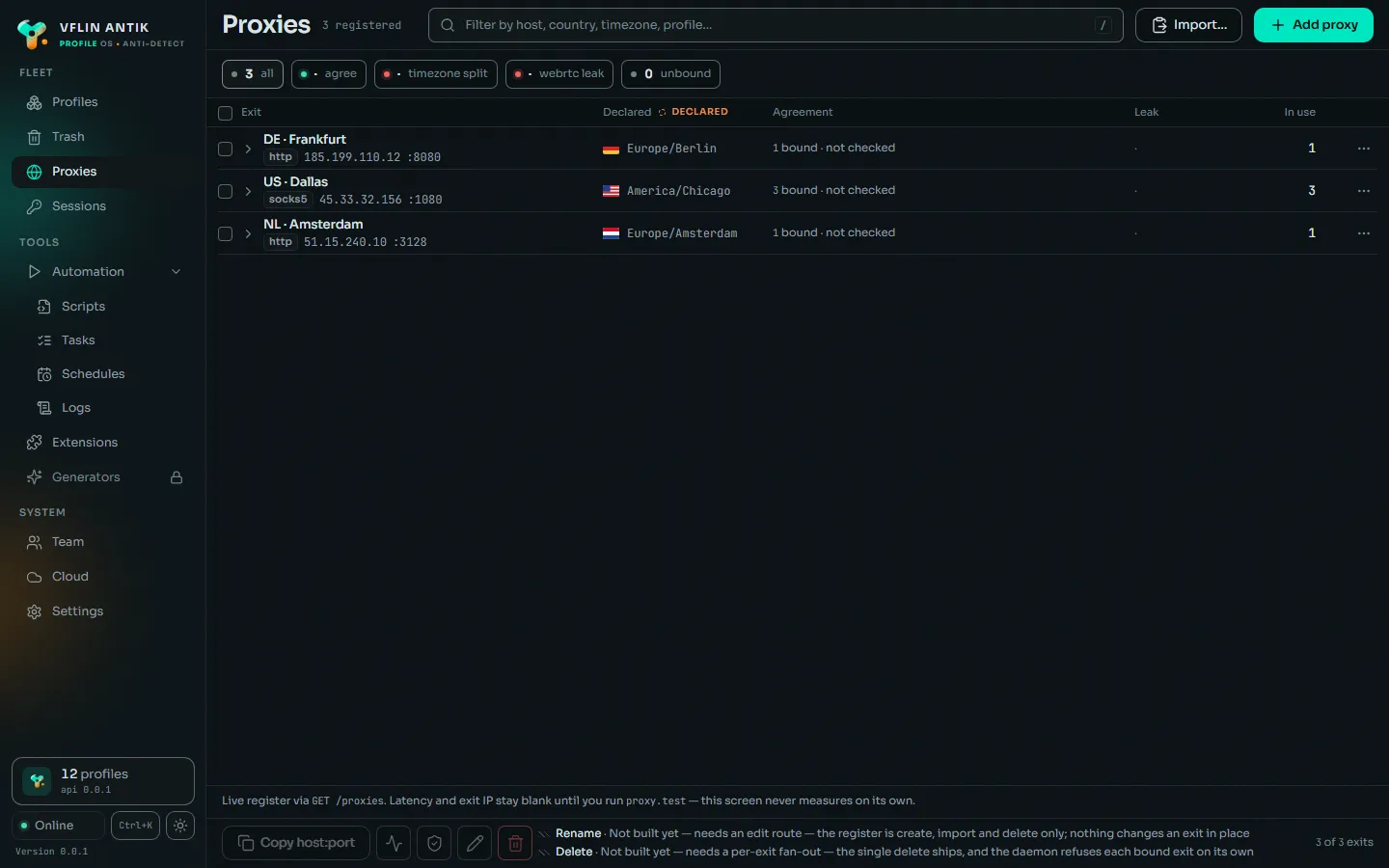 The proxies screen of the desktop app: the proxy table with protocol, host, country and the profiles each one serves.