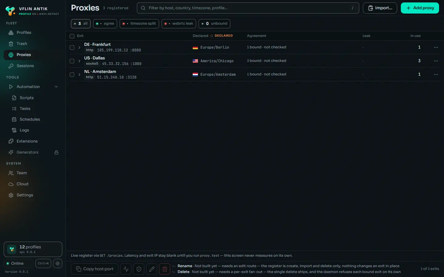 The proxies screen of the desktop app: the proxy table with protocol, host, country and the profiles each one serves.
