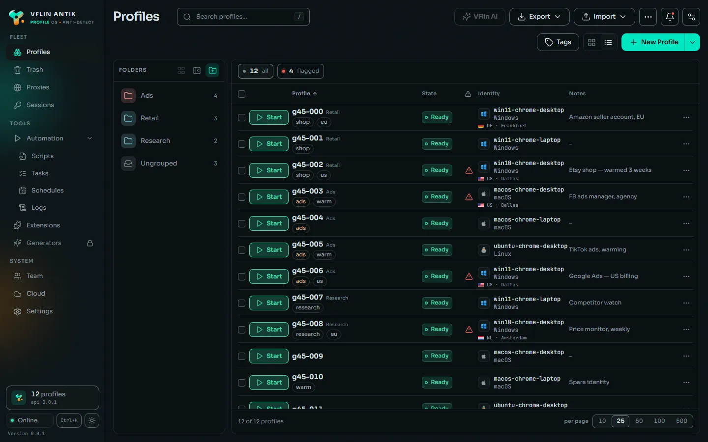 The Vflin desktop app: twelve profiles in folders with tags, state, identity and notes, each with its own Start.