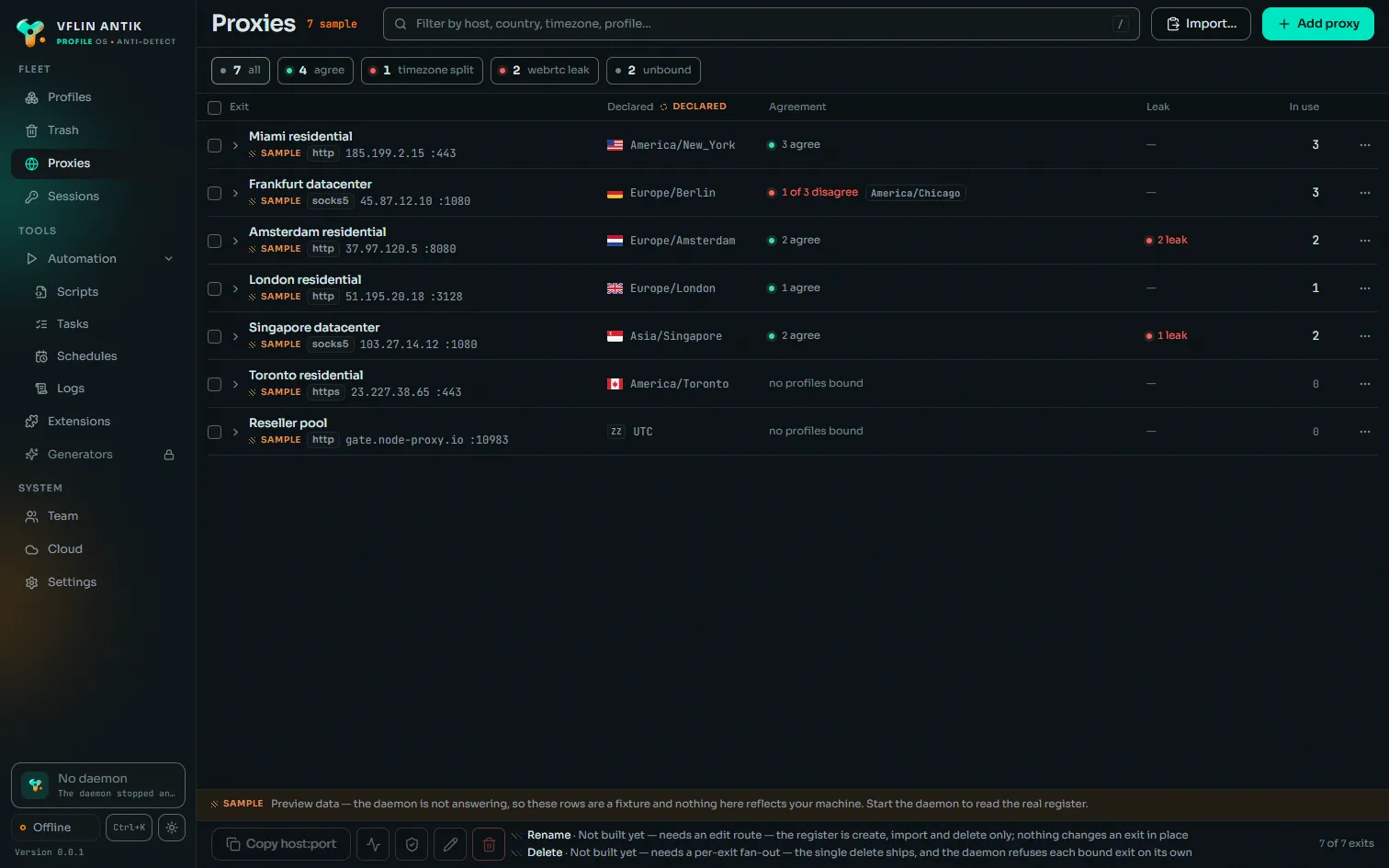 The proxies screen of the desktop app.